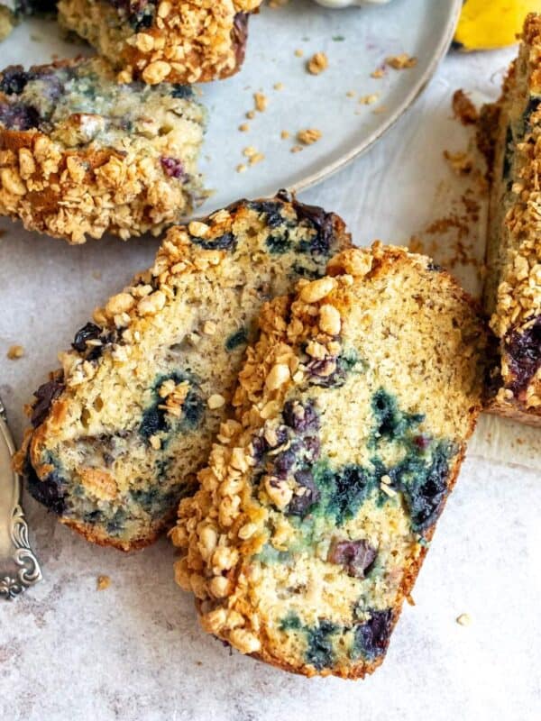 Banana Blueberry Nut Bread on a counter with a fork.