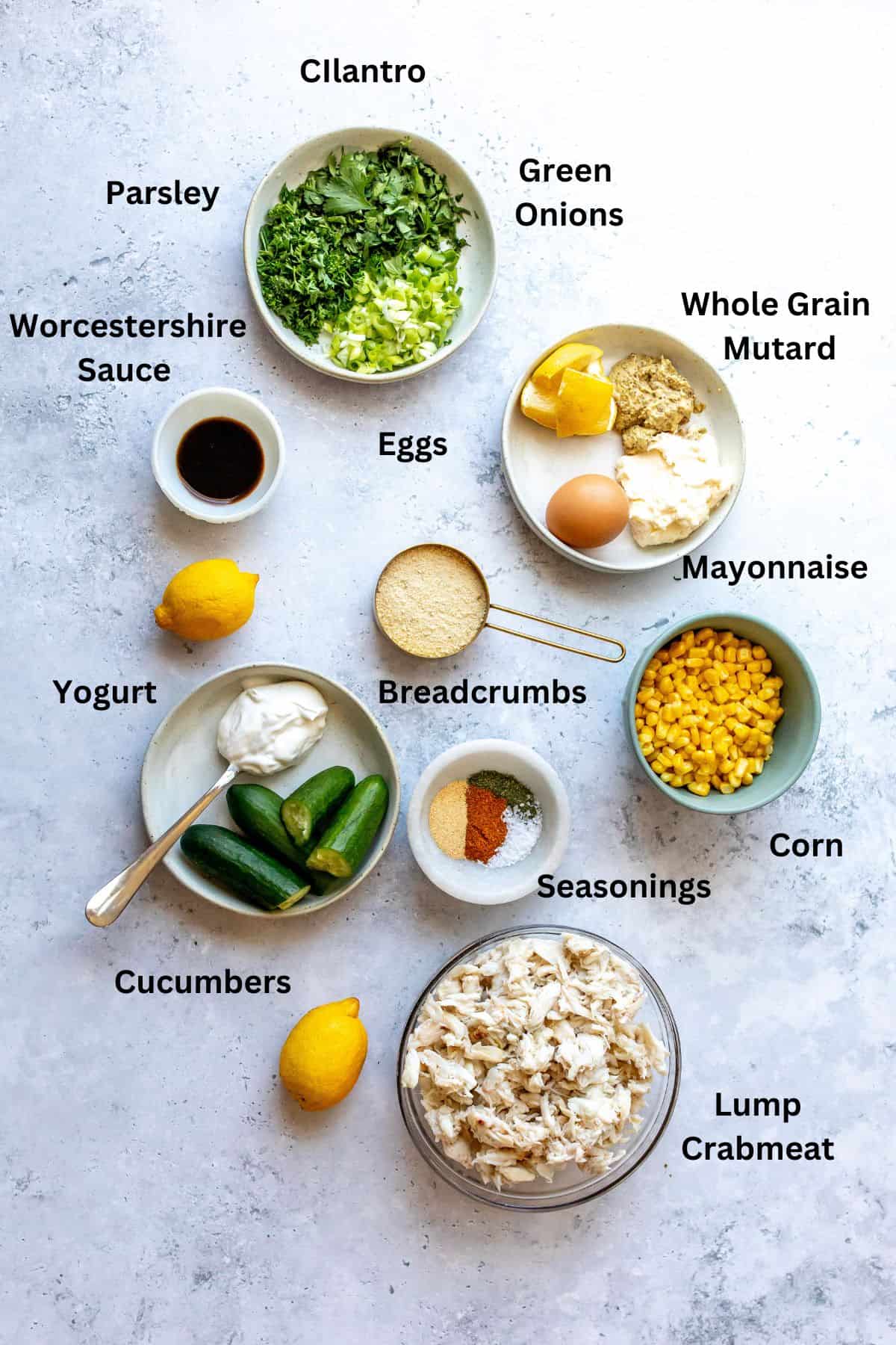 All the ingredients to make this recipe on a countertop in an assortment of bowls. 