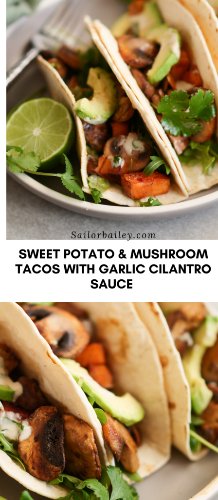 Mushroom and Sweet Potato Tacos With Cilantro Garlic Tahini