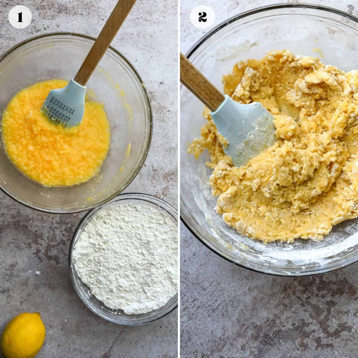 Steps to make lemon cookies in clear bowls.