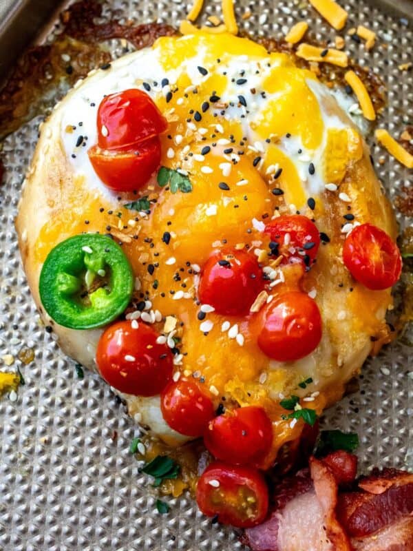 Egg in a bagel hole on a sheet pan