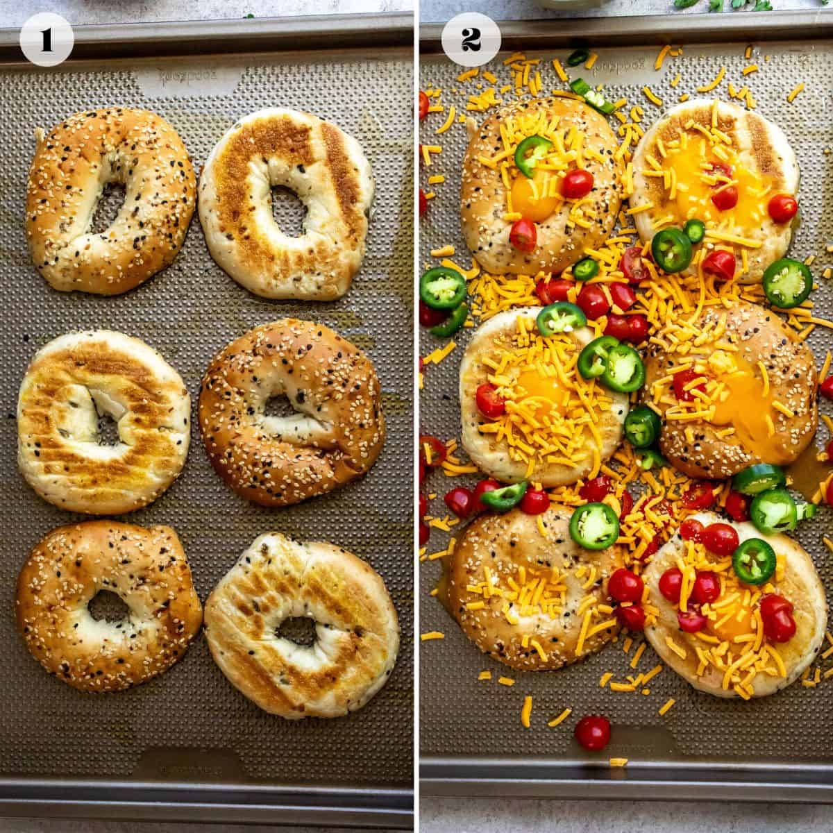 Baking sheet with bagels on it.