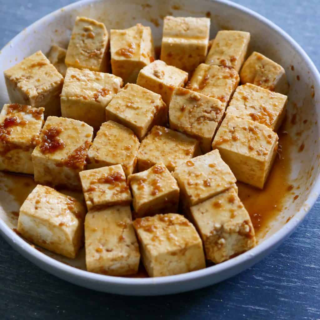Tofu marinating in teriyaki 