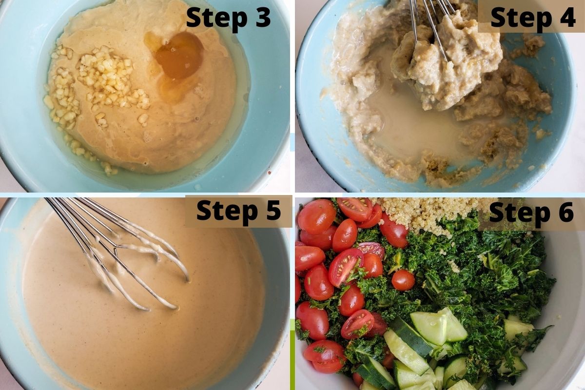 tahini in a small blue bowl with other dressing ingredients. Showing how to mix the tahini until dressing is right consistency and then pouring it over salad and mixing together all the ingredients.