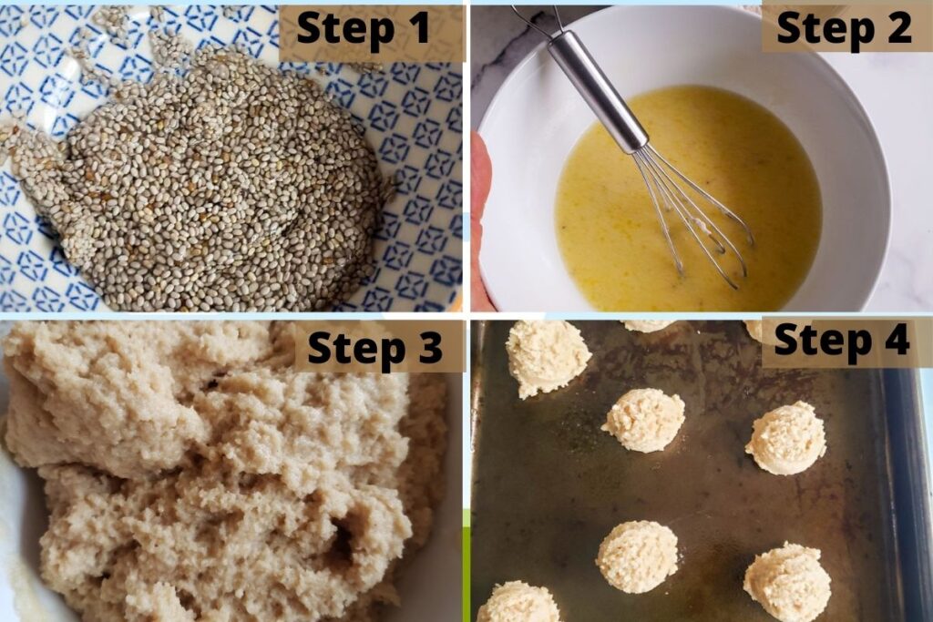 All the steps photographed. Chia seed egg, wet mixture, mixed wet and dry together and balls of dough laid out on a pan 