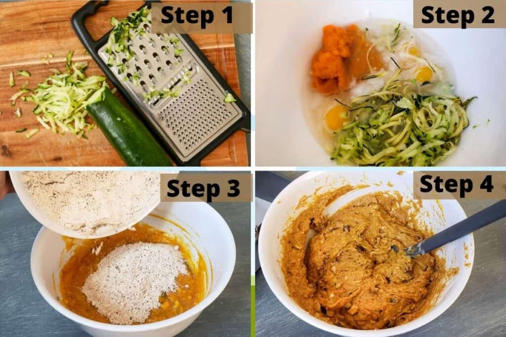 Steps one through four on how to make pumpkin zucchini bread. 