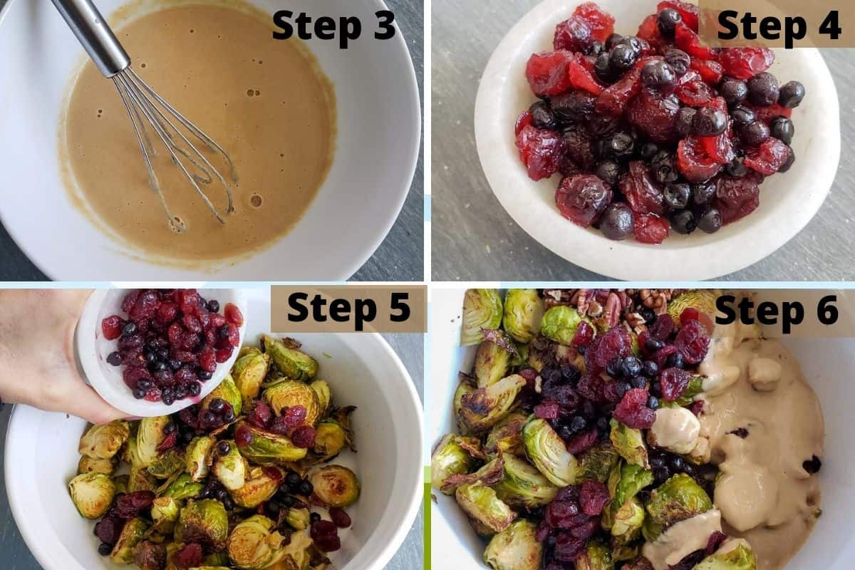 Step 3, mix the dressing. Step 4, soften the dried fruit. Step 5 add all the ingredients to a large bowl and mix well.