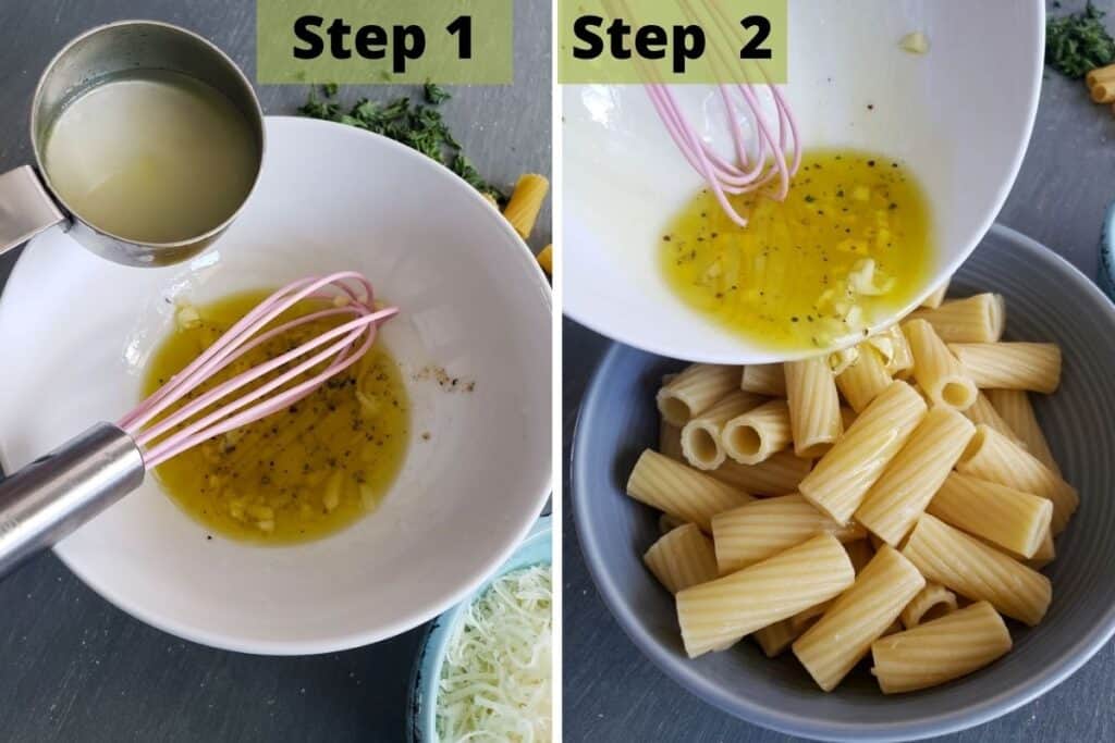 Step 1 showing pasta water being poured into olive oil mixture. Step two showing mixture being poured over finished pasta. 