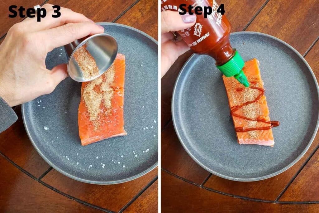 Photos of putting seasoning onto salmon and sauce. 