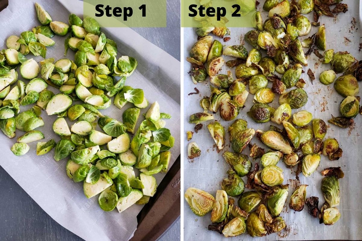 Step 1, chop the brussel sprouts and place on a cookie sheet with parchment paper. Step 2, roast them for 40 minutes.