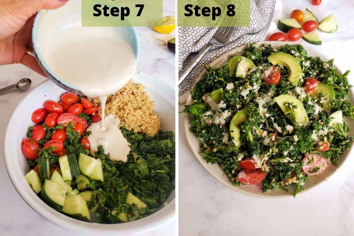 pouring dressing over the salad. then a photo of the finished salad in a white bowl topped with avocado slices.