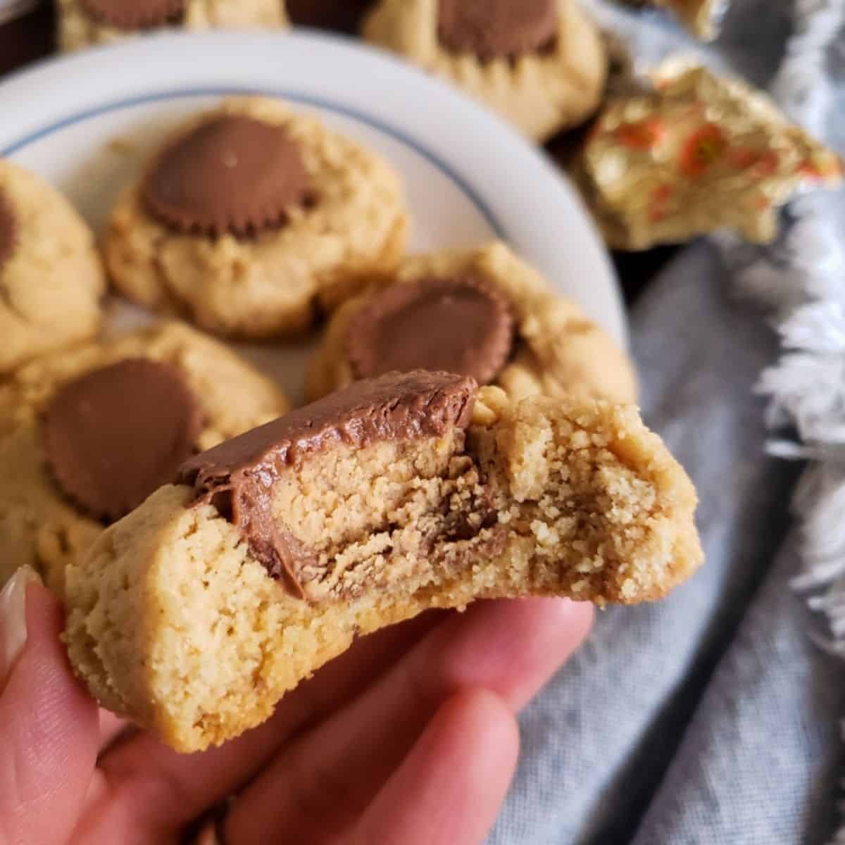 Vegan gluten free peanut butter cookie with a chocolate peanut butter cup pushed into the middle and a bit taken out of it to show the center.