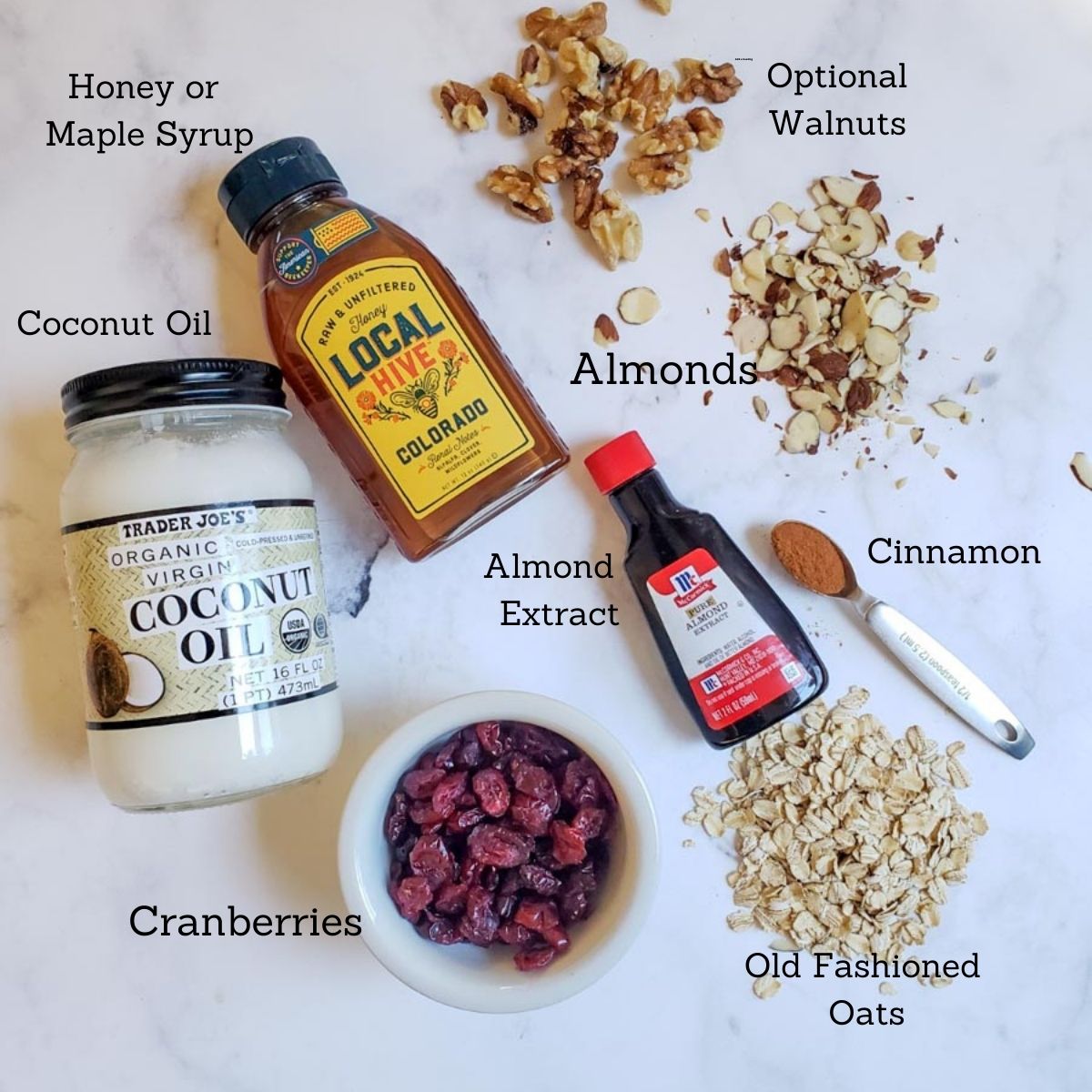ingredients for gluten free cranberry almond granola. 