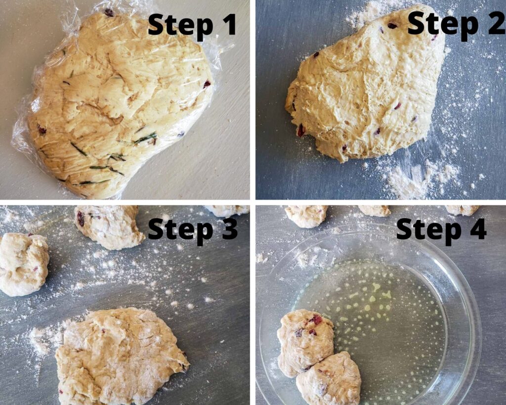 Steps 1 to 4 for cranberry herbed oat rolls. 