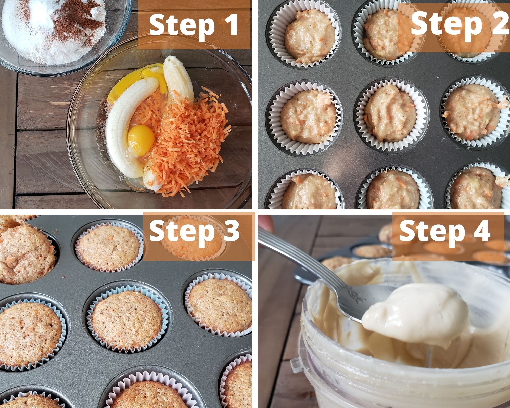 steps for baking these carrot cake muffins.