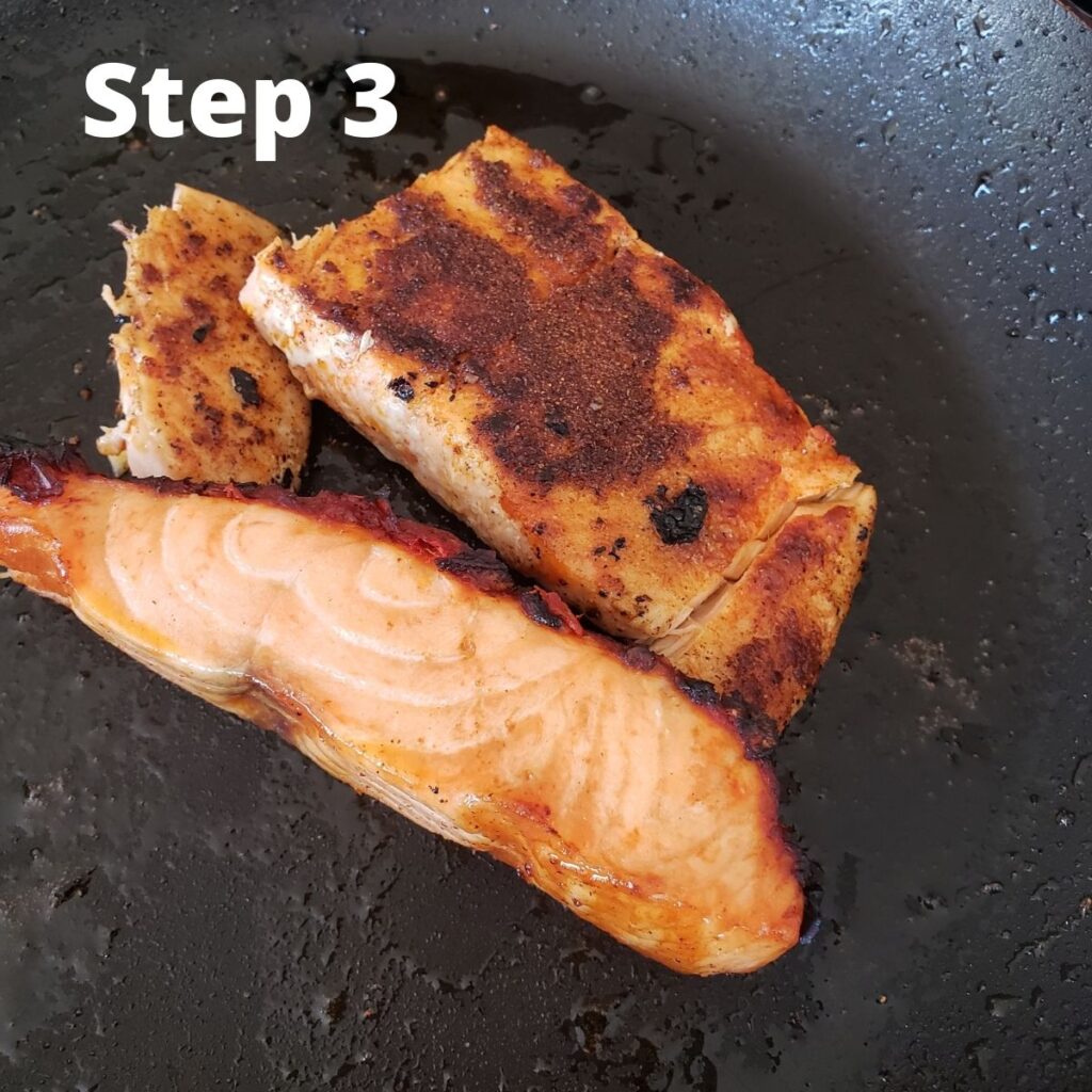 Step 3 for salmon tacos, blackened in a pan. 