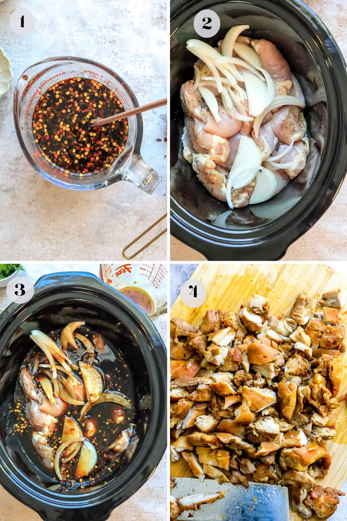 Steps to make chicken teriyaki in the crockpot and on a cutting board. 