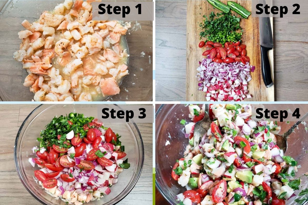 Steps to cook shrimp and salmon ceviche. 