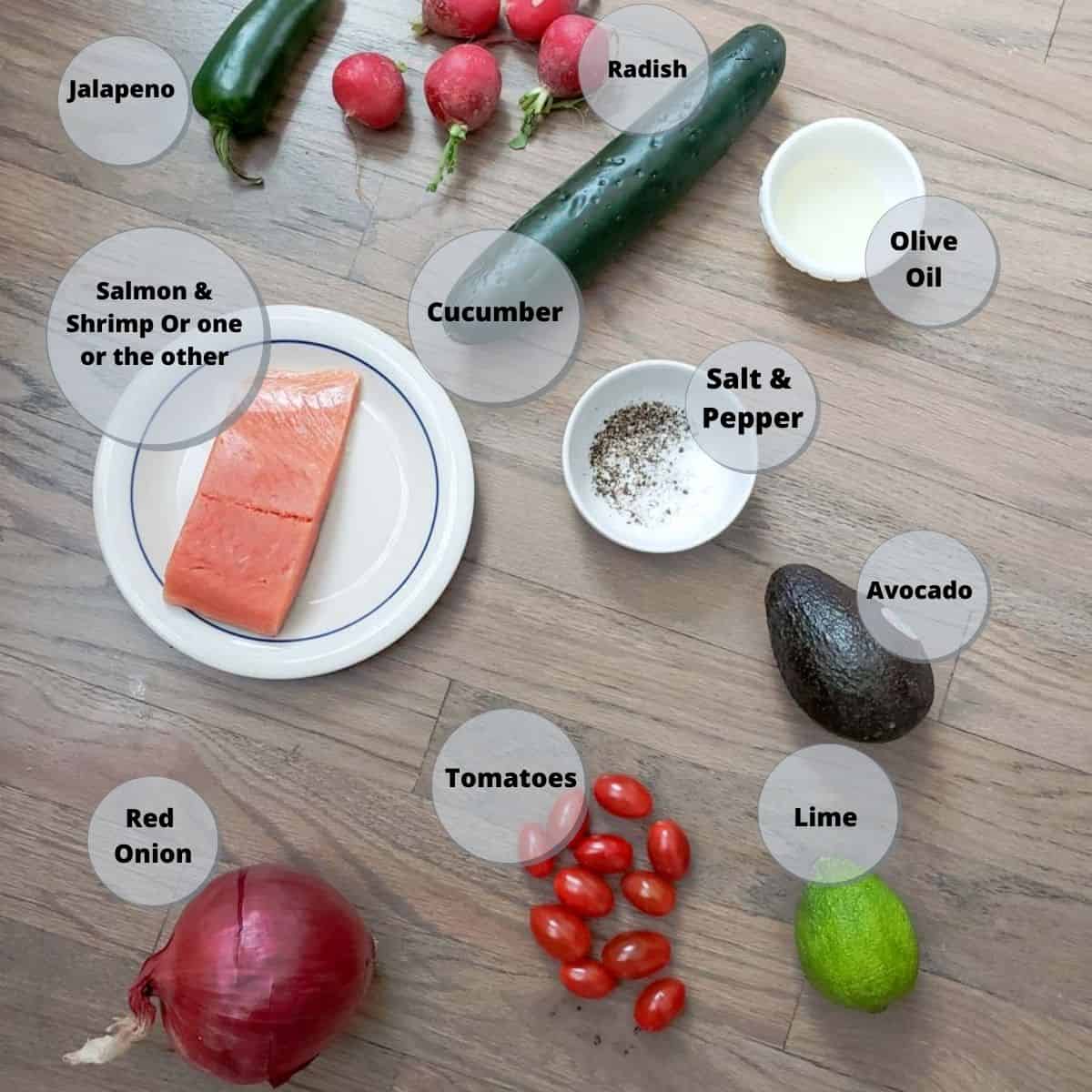 Ingredients for shrimp with salmon ceviche. 