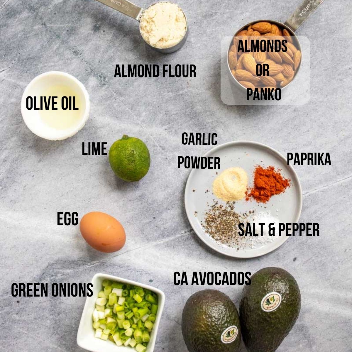 ingredients for avocado fried on a grey board. 