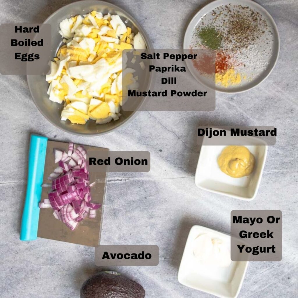 Ingredients on a table for egg salad recipe. 
