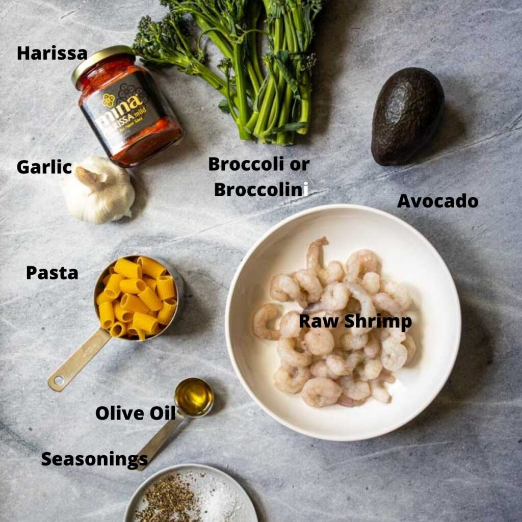 Ingredients for shrimp and pasta. 