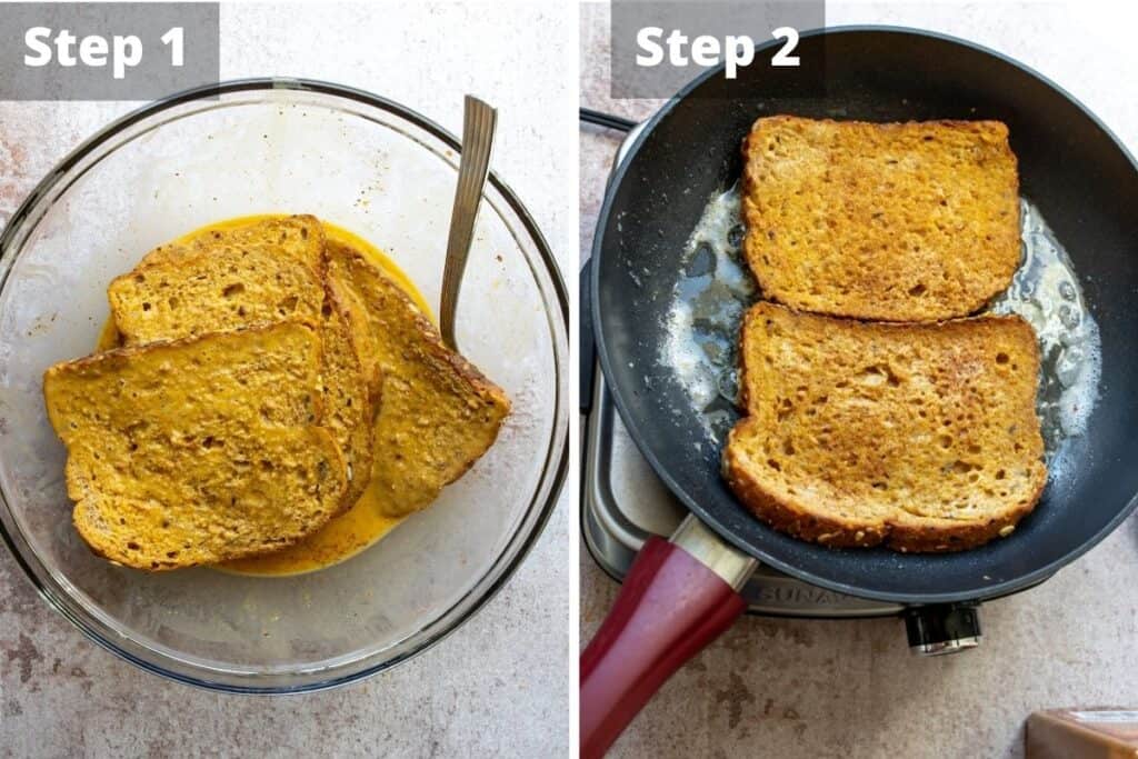 Steps for making pumpkin french toast.