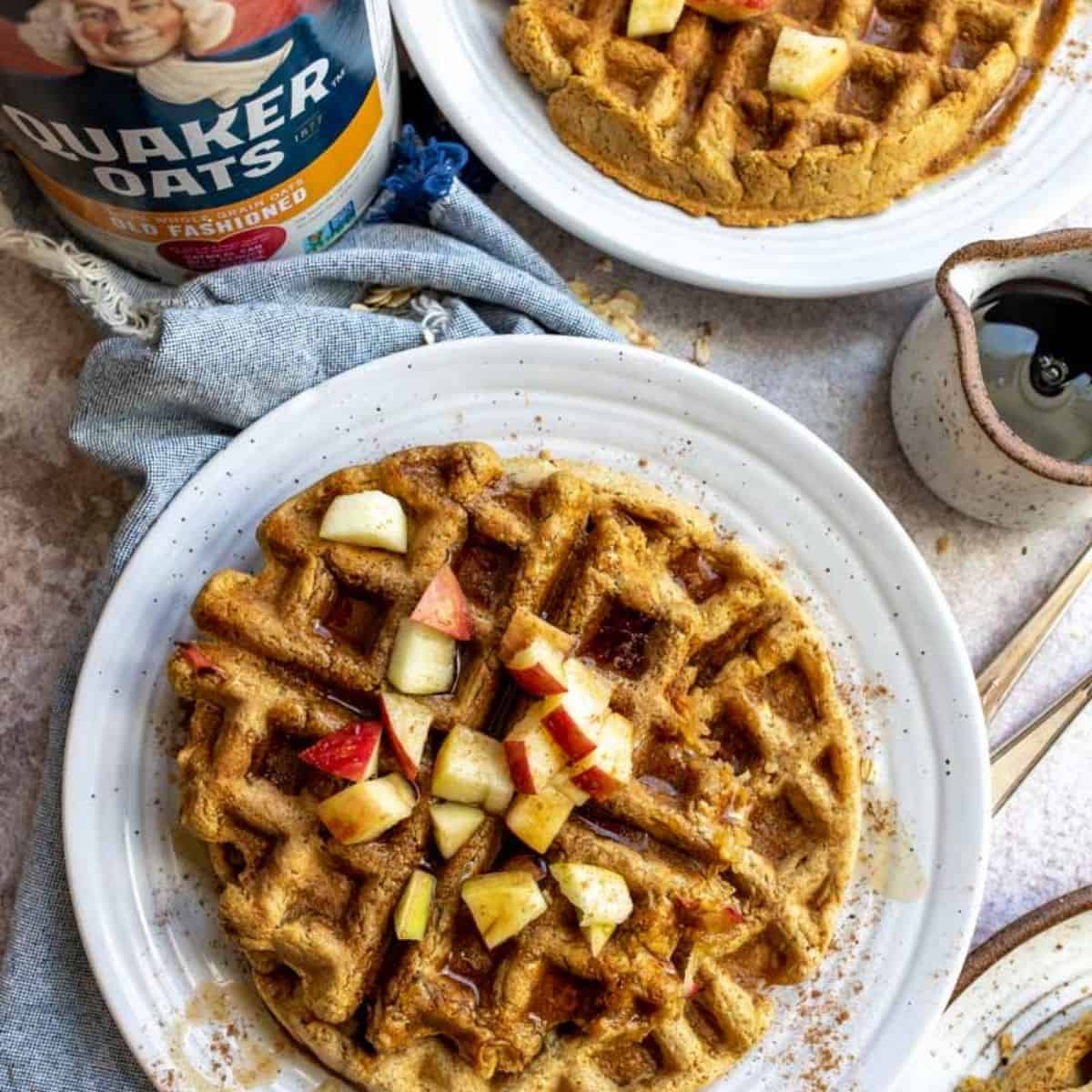 photo of apple waffles on a white plate. 