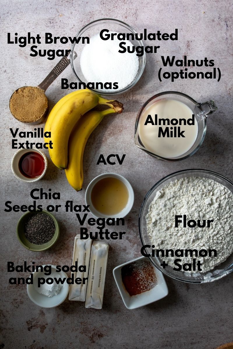 All the vegan banana cake ingredients on a board.  