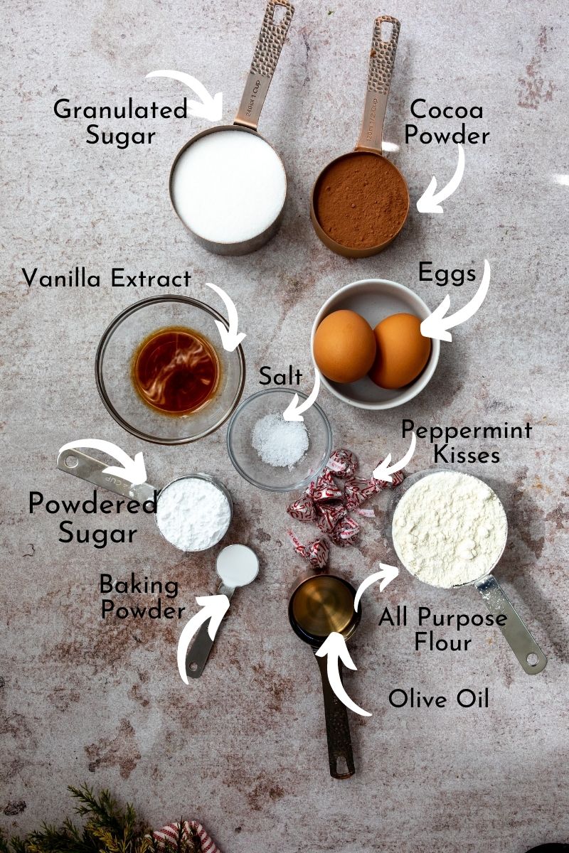 Ingredients needed for brownie crinkle cookies. 