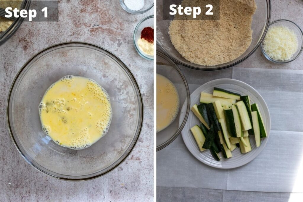 Steps to make air fried zucchini fries.