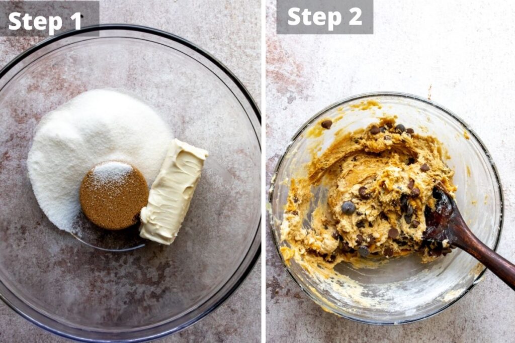 Steps to make the skillet cookie. In a glass bowl.