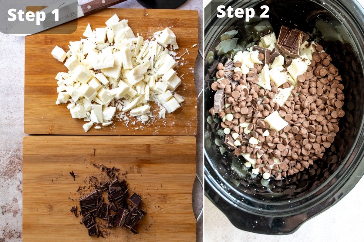 Steps for crockpot peanut clusters on a cutting board. 