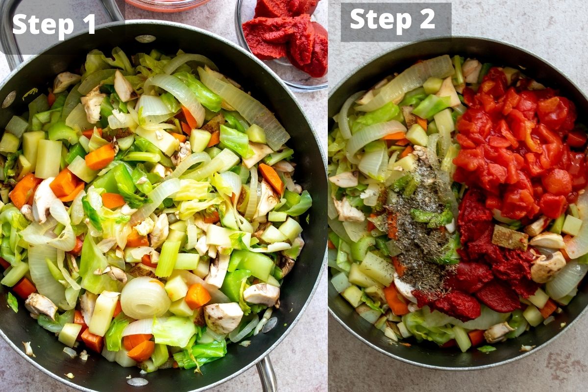 Steps to make veggie stew in a large pot.