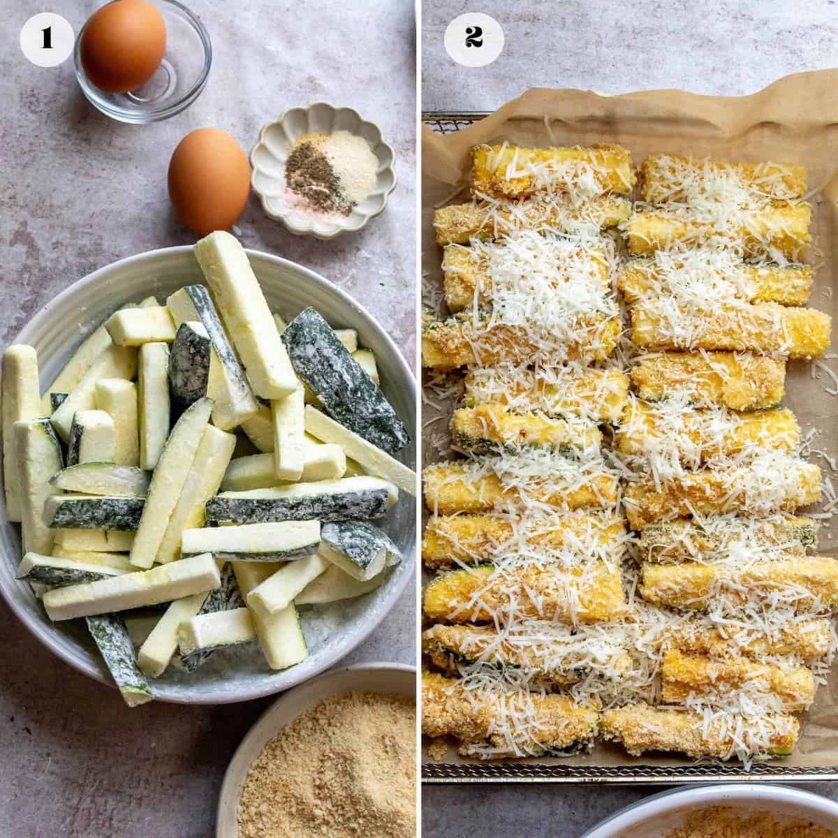 Steps to make air fried zucchini fries.