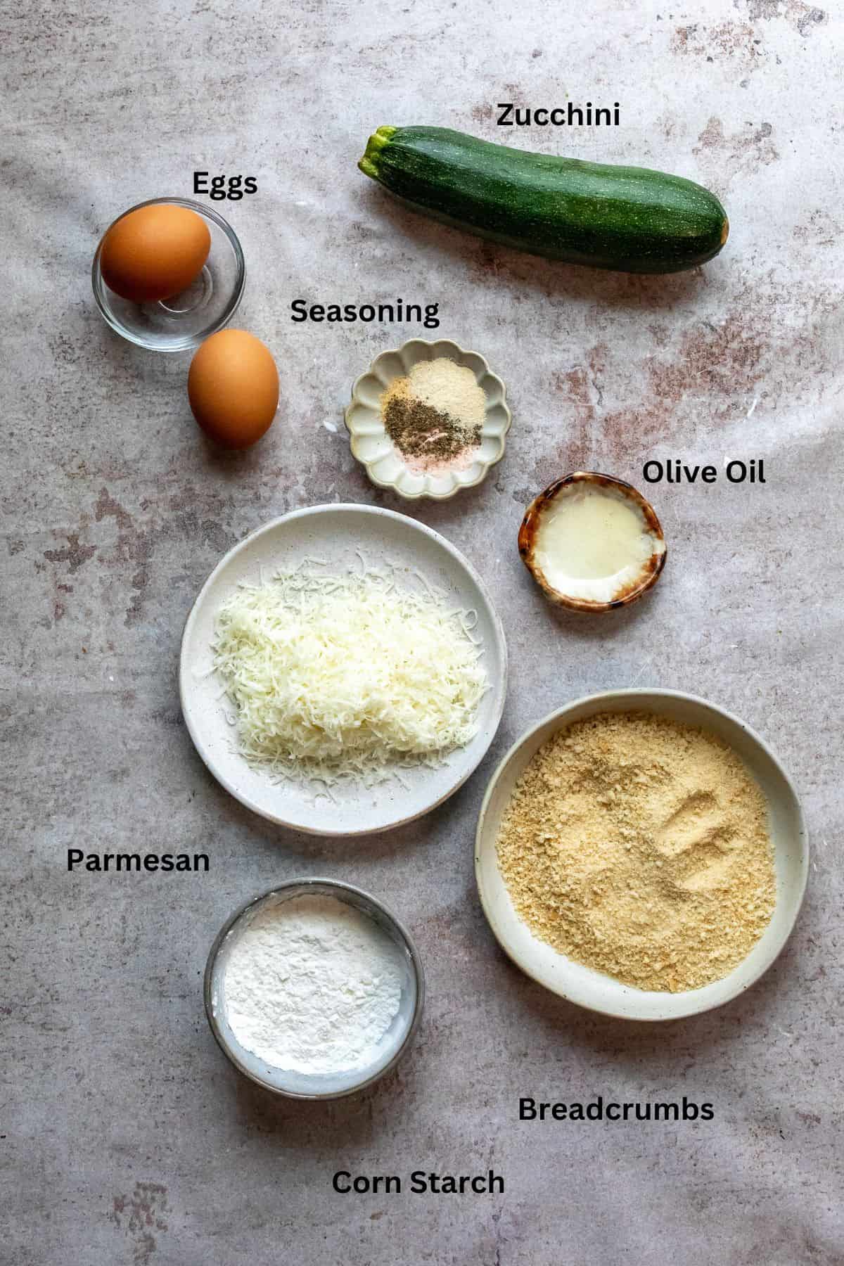 Ingredients for air fried zucchini fries.