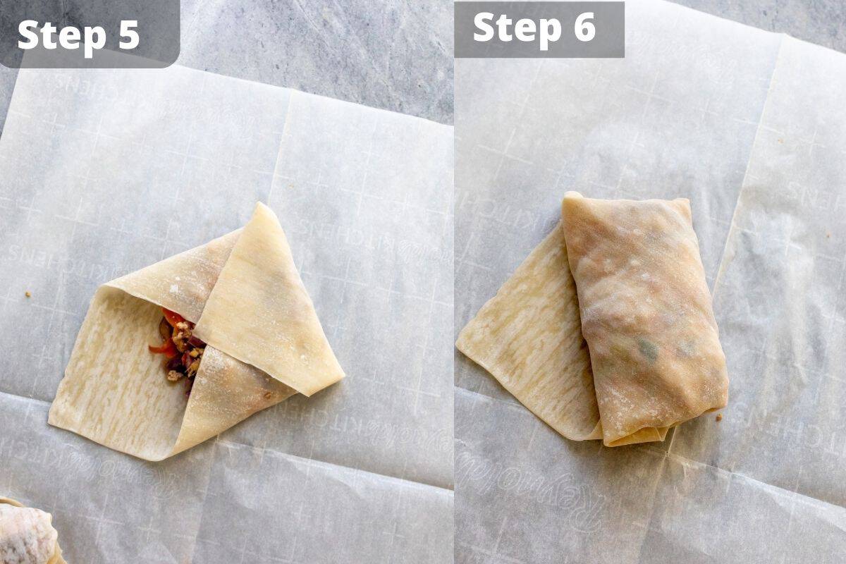 Steps five and six for vegetarian  egg rolls. 