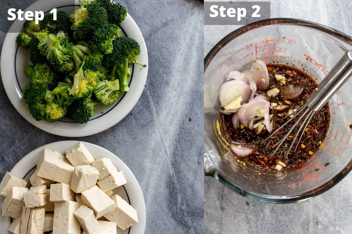 Steps one and two for balsamic tofu and broccoli. 