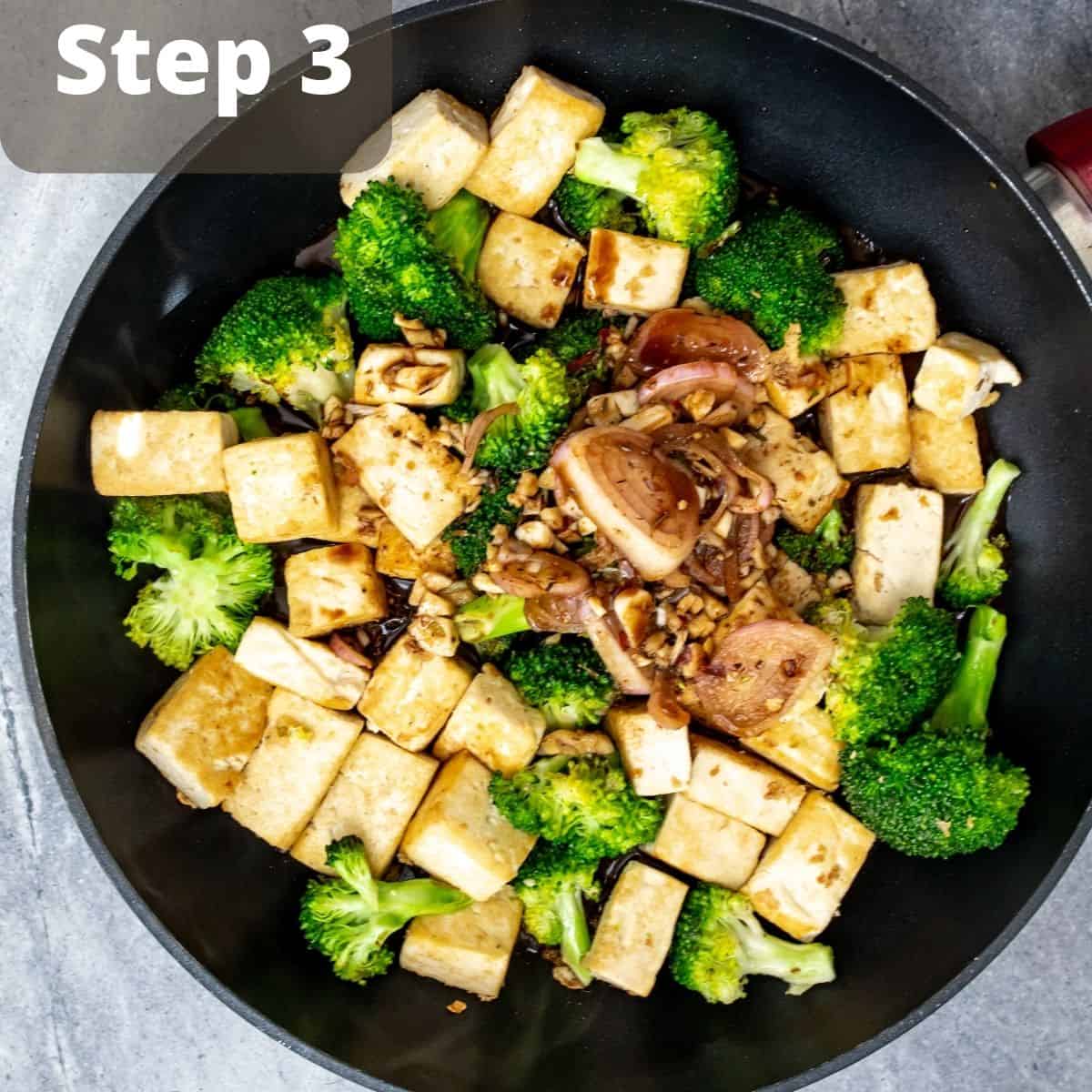 Step three for balsamic tofu and broccoli.