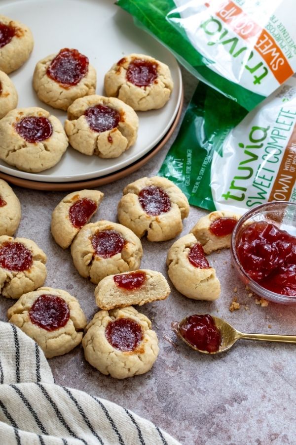 Vegan Thumbprint Cookies up close with packaging in photo. 