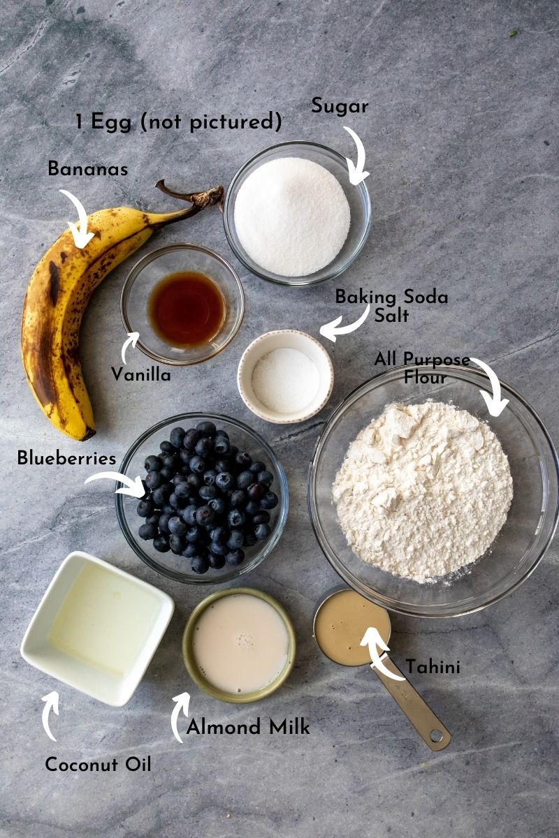 Ingredients for blueberry breakfast  cake on a grey counter. 