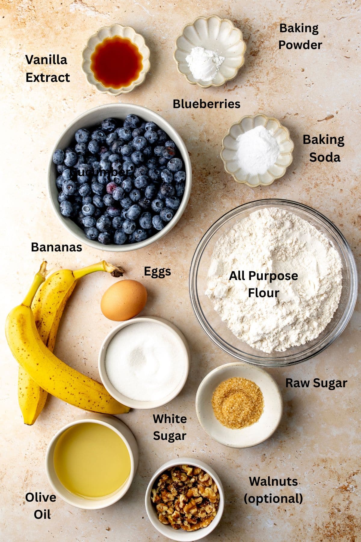 Ingredients to make these muffins on a counter.