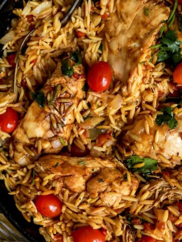 Chicken and orzo in a skillet
