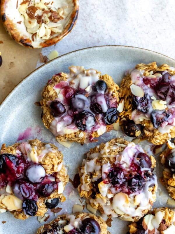 Blueberry oat cookies with icing on top.