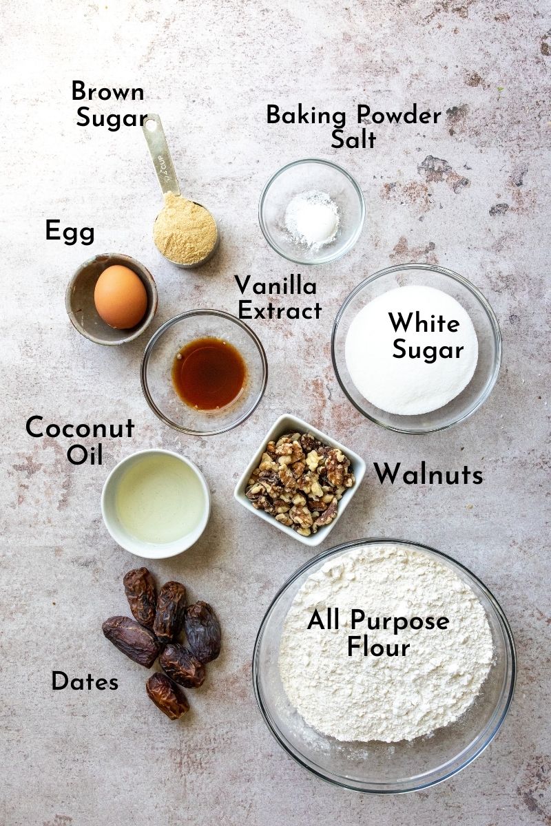 Date and Walnut Loaf Ingredients in bowls on a counter