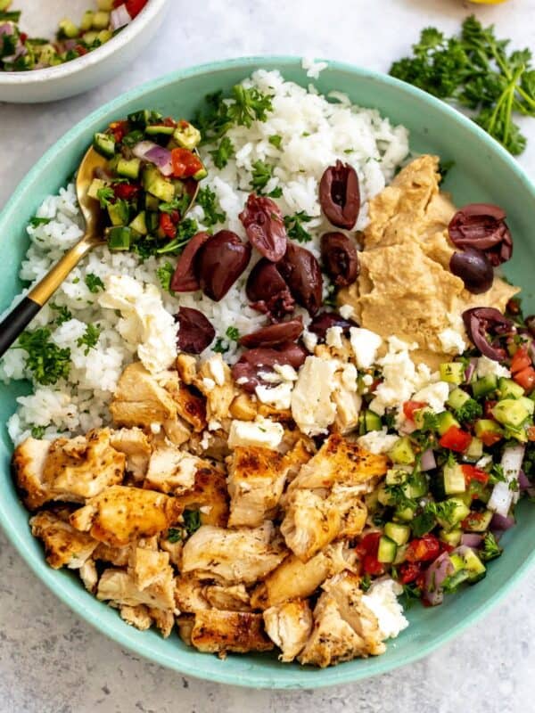Close up of Mediterranean bowls in a green bowl.