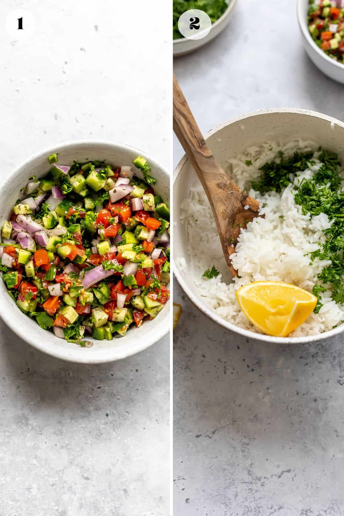 Steps to make this recipe in a grey skillet and a sauce pan.