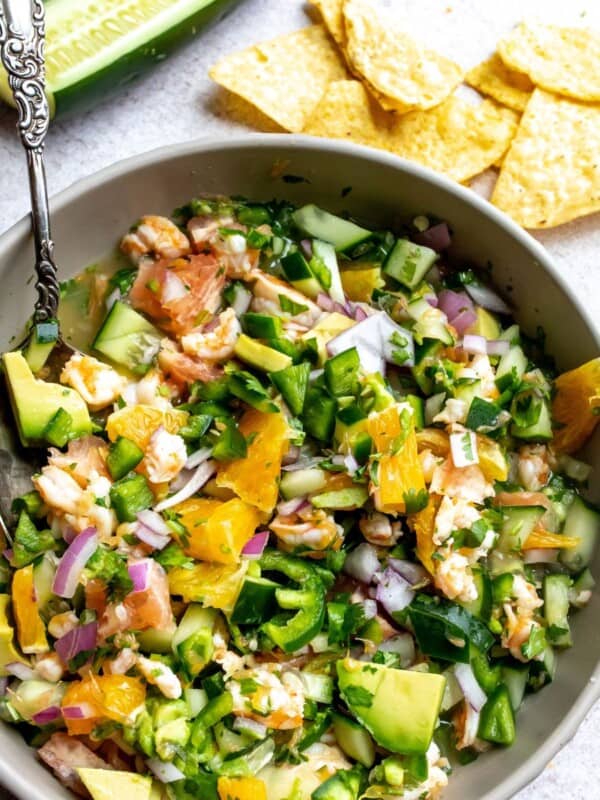 Mexican Shrimp Ceviche in a grey bowl