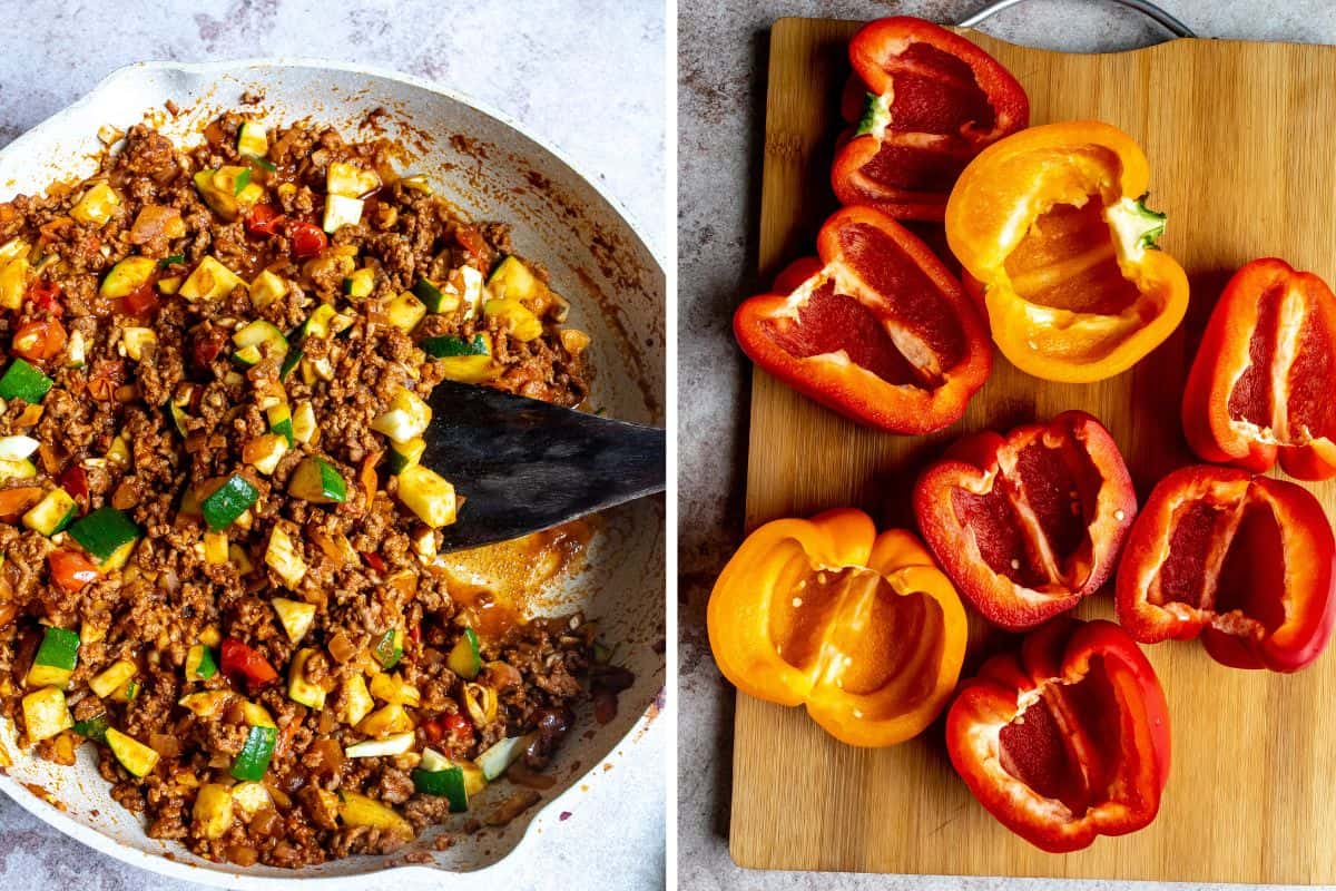 Steps to make Mexican stuffed peppers on a cutting board. 