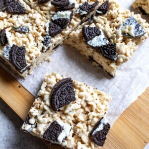 rice krispies on a vutting board.